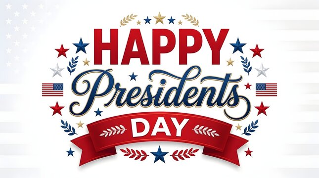 Happy Presidents Day lettering typography design with American flags, stars, and red ribbon on white background