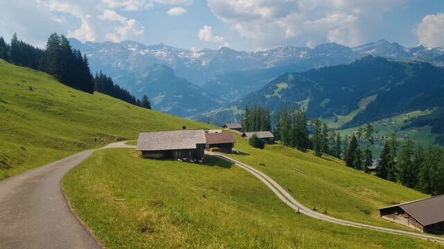 Picturesque alpine houses near Lenk in Bernese Oberland, Switzerland, surrounded by lush summer meadows and greenery along hiking routes toward F&auml;rmelberg, showing peaceful Swiss farming culture