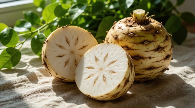 Freshly cut celeriac root sits on light fabric surface. Close up view displays textured white interior, brown skin of raw celery vegetable. Green plant foliage serves as natural backdrop for healthy