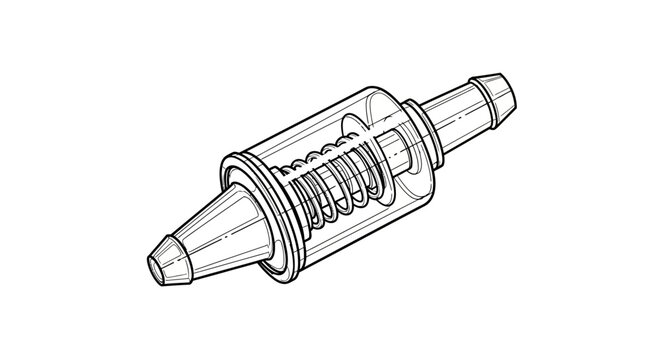 Isometric line art sketch of a PCV valve, tiny cylindrical component, white background.