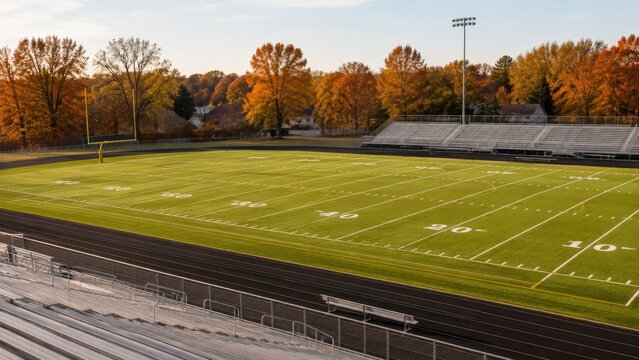 Autumn-lit high school football stadium with green turf, goalposts, running track and empty metal bleachers