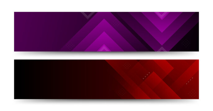 Abstract geometric web banner set with purple magenta and red dark gradient overlay background vector illustration design