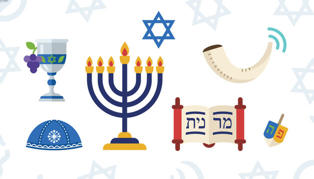 Collection of Jewish religious and holiday symbols including a menorah, kippah, torah scroll, kiddush cup, shofar, and dreidel.