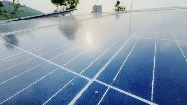 Macro tracking shot glides across photovoltaic solar cells revealing intricate panel geometry reflective glass and advanced engineering that powers clean renewable electricity