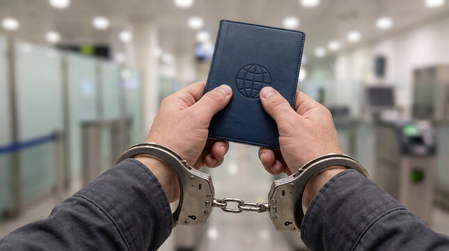 Point of view hands in handcuffs, with navy blue passport held, extending forward, in blurred airport security checkpoint, crime concept photography