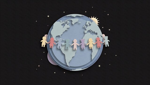 Paper craft of diverse children holding hands around a globe on a dark background, with stars and, a sun above.