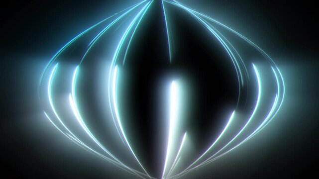 Blue Glowing Light Streak Particles Travelling in Bulb Shape Warped Path from Bottom to Top on Black Background.