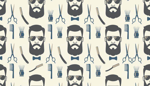 Seamless pattern for barbershop featuring hipster men faces with beards, sunglasses, bow ties, and shaving tools.