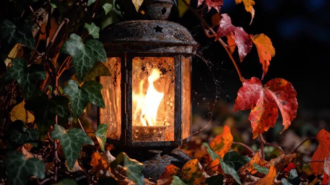 Halloween lantern fire autumn leaf ivy night garden cozy glow mystery atmosphere vintage rustic nostalgia warmth charm