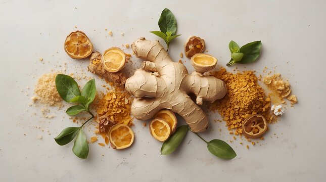 Ginger Root and Dried Lemon Slices with Herbs and Spices.