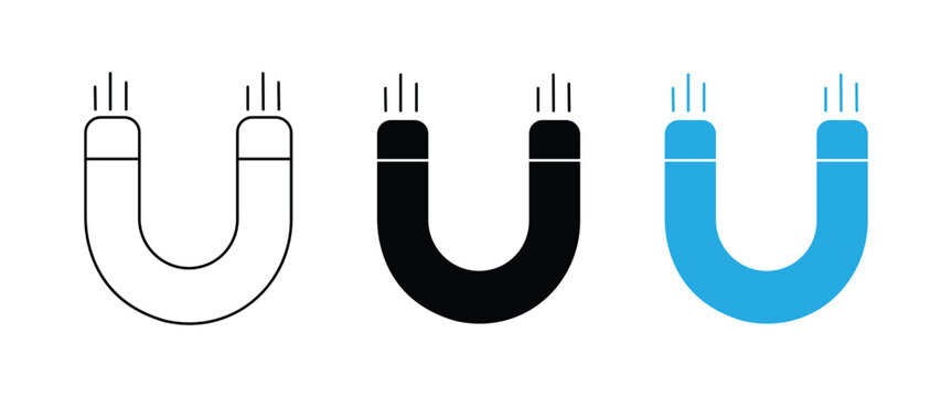Horseshoe Magnet Icon Set &ndash; U-Shaped Magnetic Field, Magnetism Physics Symbol, Industrial Magnet, Outline & Silhouette Vector Collection
