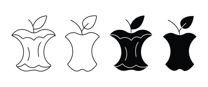 Apple Core Vector Icon Set, Eaten Apple Outline and Silhouette Collection for Healthy Food, Fruit Waste, Nutrition, Organic Lifestyle and Eco Design Isolated on White Background