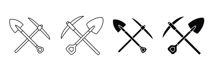 Crossed Shovel and Pickaxe Vector Icon Set, Mining and Construction Hand Tools Outline and Silhouette Collection for Excavation, Digging, Gardening, Agriculture and Industrial Design Isolated on White © Firoz Art Studio99