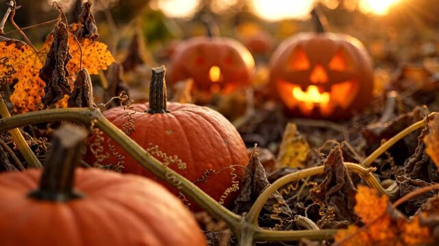Halloween pumpkin field sunset glow autumn nature mood jack o lantern decoration and dry leaf vine detail atmosphere
