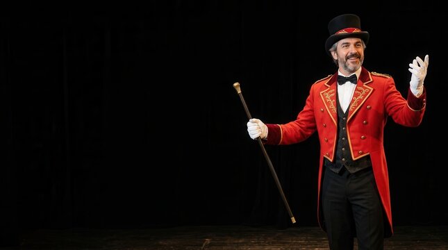Circus ringmaster in a red tailcoat with a walking cane
