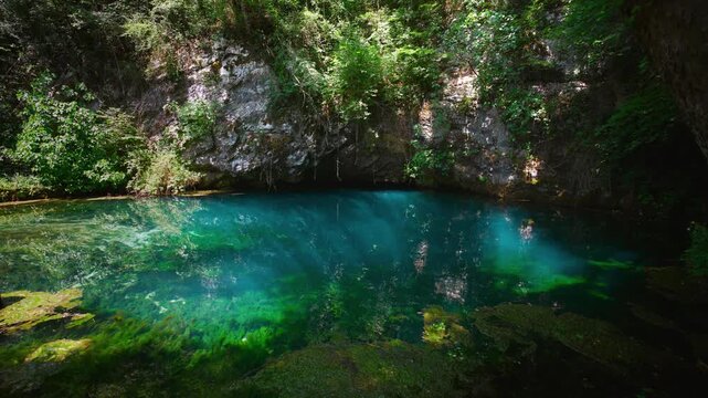 Intense turquoise spring water, vibrant green moss and rocky cave entrance at Gorgazzo source, Italy