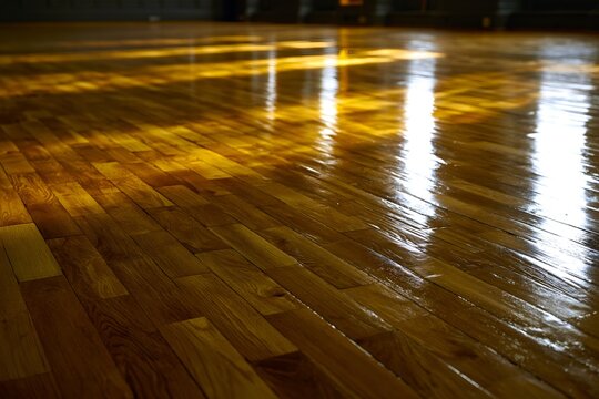 Polished wood floor reflects warm sunlight. 64k 8k widescreen, HDR