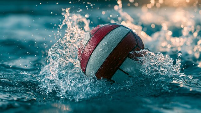 Red and white volleyball splashes in turquoise water. 64k 8k widescreen, HDR