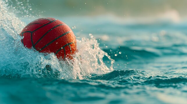 Red basketball splashes into turquoise ocean waves. 64k 8k widescreen, HDR