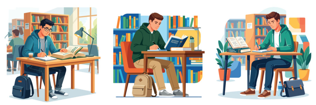 Set of vector illustrations featuring students studying, reading books, and writing at desks in a library