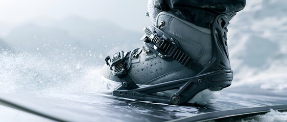 Fototapeta premium Snowboard boot firmly strapped to a board. 64k 8k widescreen, HDR