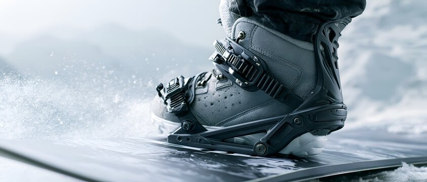 Snowboard boot firmly strapped to a board. 64k 8k widescreen, HDR
