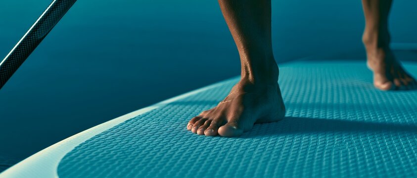 Stand on a sleek blue paddleboard, barefoot. 64k 8k widescreen, HDR