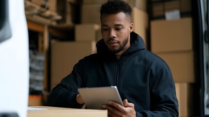 Fototapeta premium A delivery worker checking a tablet while standing near stacked cardboard boxes inside a warehouse