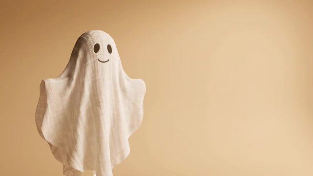 Halloween ghost costume sheet cute minimal beige background playful mood smile floating copyspace minimal beige ghost sheet