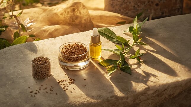 Natural organic skincare products arranged on a stone surface with sunlight.