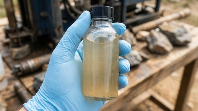Scientist holding a groundwater sample vial in the field