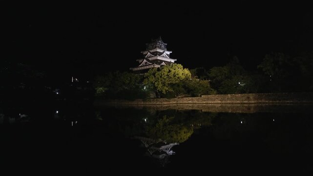Hiroshima castle from across the moat at night, Japan