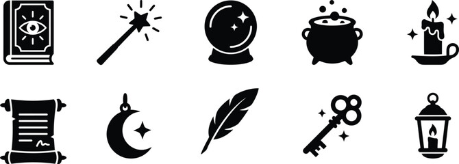 Collection of various silhouettes magic and witchcraft icons isolated on white background © Rakibul
