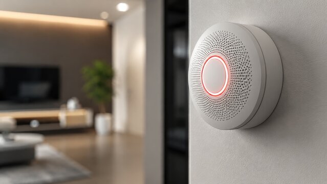 Smart round smoke and carbon monoxide alarm with glowing red LED ring mounted on wall in a modern living room interior