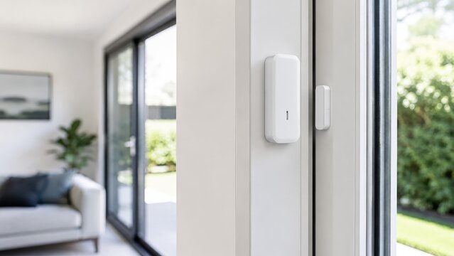 Close-up of white magnetic door and window security sensor mounted on a sliding glass patio door in a bright modern living room