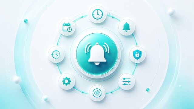 Circular UI concept with central notification bell surrounded by alarm, calendar, clock, lock and settings icons on a soft teal and white background