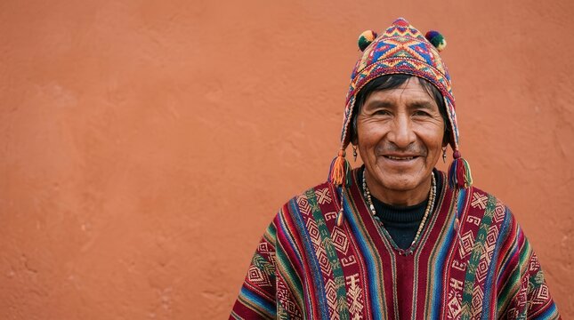 Andean man in a traditional poncho and chullo hat