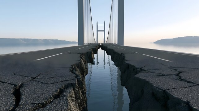 A cracked suspension bridge road splits open revealing water below under a clear sky with distant hills on either side