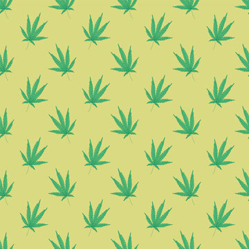 Seamless pattern with hand drawn cannabis leaf Medicine marijuana Hemp leaves For decorative print, wrapping paper, fabric, packaging, background