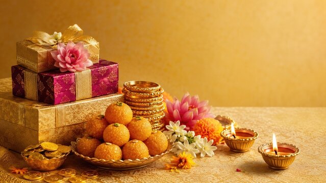 Diwali celebration arrangement with lit oil lamps, Indian sweets (ladoos), flowers, gold bangles and wrapped gift boxes on a golden surface