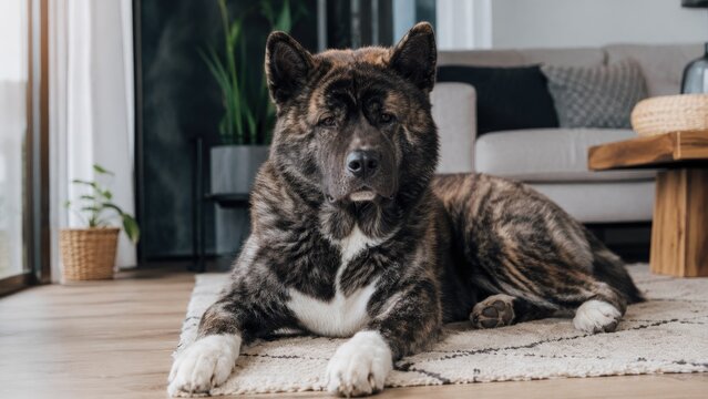 Large brindle Akita dog lying on a rug in a cozy modern living room, relaxed and alert with white chest and paws
