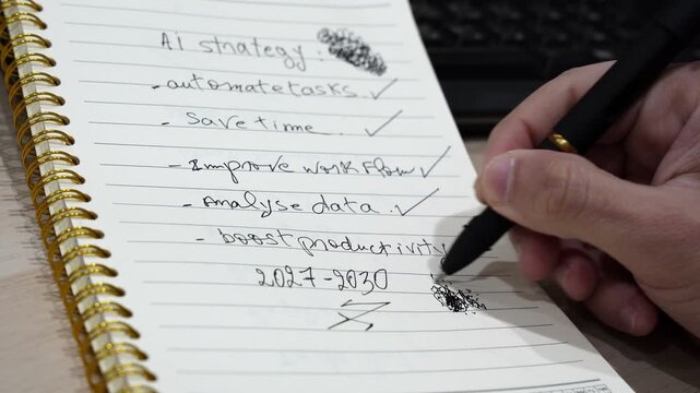 Close up shot of a male hand nervously scribbling with a black pen on a handwritten AI strategy notebook. The frustrated worker doodles on a paper pad at a modern wooden desk near a computer keyboard.