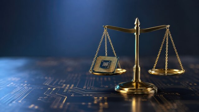 Golden balance scales weighing a CPU chip on a glowing circuit board, symbolizing computing value, technology ethics, semiconductor industry and digital justice