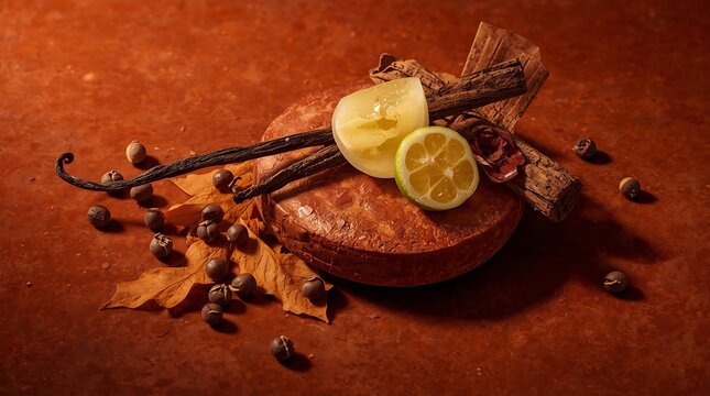 Aromatic Spices and Citrus Fruits Arranged Artfully on a Textured Surface.