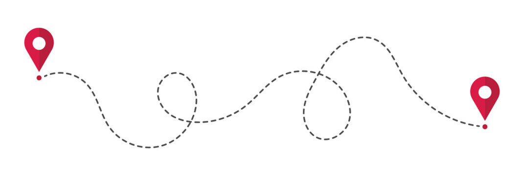 Route icon. route location icon two pin sign and dotted line. map route icon with location pins, dotted travel path symbol, vector illustration