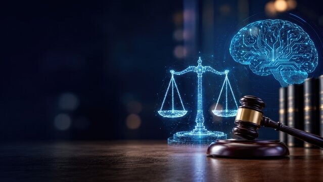 Gavel on wooden desk with holographic scales of justice and a digital brain beside law books, symbolizing AI, justice, legal technology and ethical decision making
