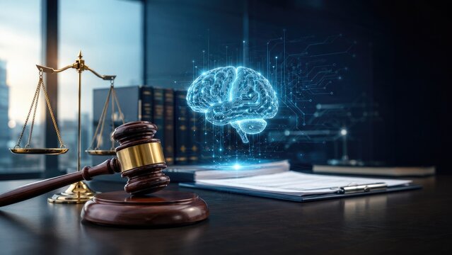 Gavel and scales of justice on a desk with a holographic digital brain representing artificial intelligence in legal technology office