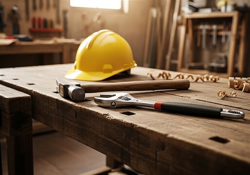 Yellow hard hat with hammer and wrench on wooden workbench in workshop
