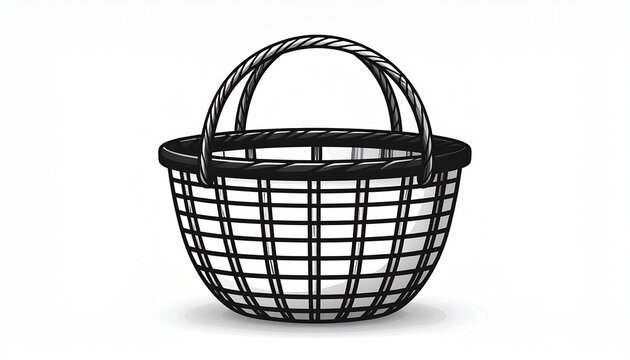 Minimalist black and white hand drawn wicker basket with large handle for storage and shopping