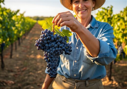 Smiling woman farmer holding bunch of dark grapes in vineyard at sunset